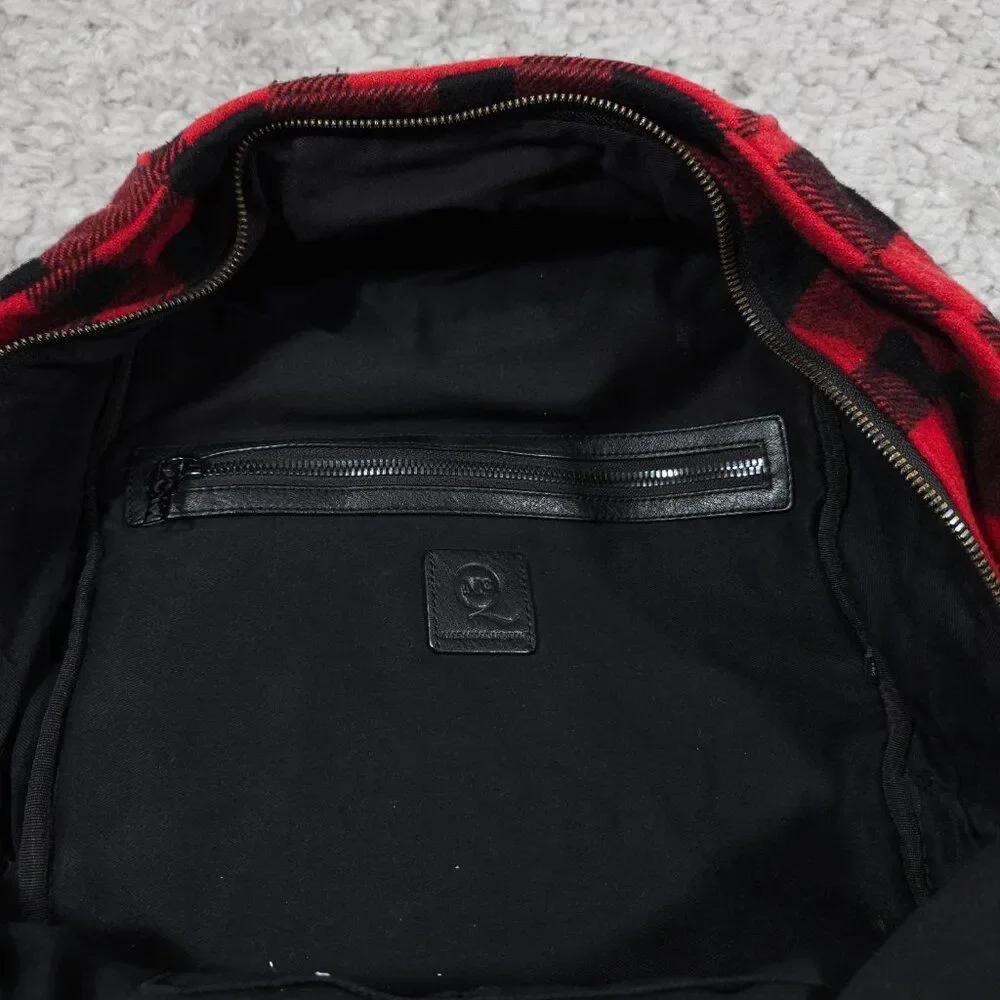 READ Mcq by Alexander Mcqueen Red Black Buffalo Plaid Wool Leather Backpack